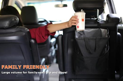 Ginsco New Leak-Proof Travel Car Trash Bag, 3.5 Gallons Large Capacity Hanging Car Trash Can with Hook and Loop Lid and Handle, Multipurpose Trash Bin with Storage Pockets for SUV RV Camping (Black)