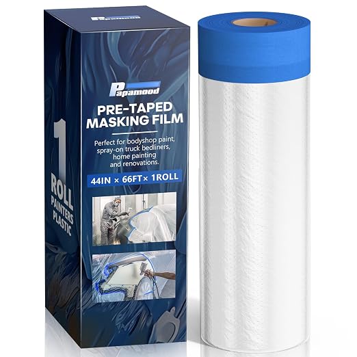 Pre-Taped Masking Film for Painting(1 Roll) - 44" x 66'Painters Plastic Sheeting with Tape and Drape, Painters Drop Cloth for Automotive & Home, Cover for Walls/Floors/Windows/Cars Protection