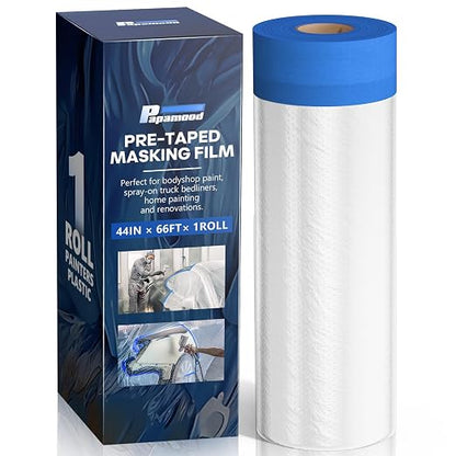 Pre-Taped Masking Film for Painting(1 Roll) - 44" x 66'Painters Plastic Sheeting with Tape and Drape, Painters Drop Cloth for Automotive & Home, Cover for Walls/Floors/Windows/Cars Protection