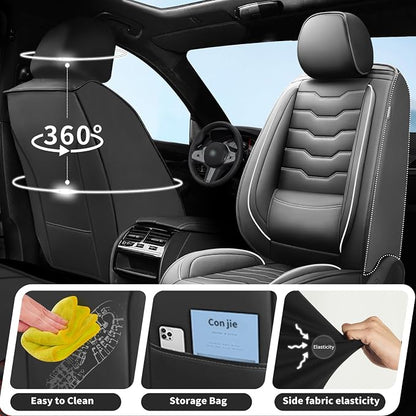 Fit Patriot Car Seat Covers for Jeep Patriot 5 Seats 2007-2016 2017 -Premium Leather,Waterproof & Breathable，All-Weather Seat Cushion Protecto & Airbag Compatible, 2 Front Seat White Line Black