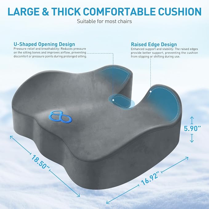 BlissTrends Extra Thick Seat Cushion for Office Chair & Car Seat,LightGrey | Tailbone & Sciatica Relief, Ergonomic Support, High-Density Memory Foam, Comfort for Extended Sitting