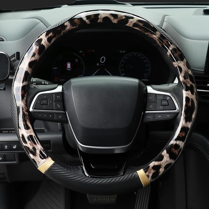 KAFEEK Dark Brown Leopard Steering Wheel Cover, 15 inch Carbon Fiber Texture, Glossy Cheetah Pattern, Non-Slip Microfiber Leather, Universal Fit for SUV Sedan