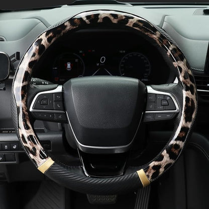 KAFEEK Dark Brown Leopard Steering Wheel Cover, 15 inch Carbon Fiber Texture, Glossy Cheetah Pattern, Non-Slip Microfiber Leather, Universal Fit for SUV Sedan