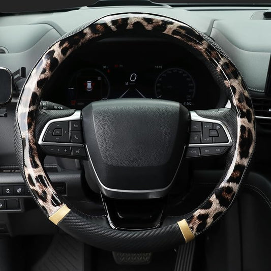 KAFEEK Dark Brown Leopard Steering Wheel Cover, 15 inch Carbon Fiber Texture, Glossy Cheetah Pattern, Non-Slip Microfiber Leather, Universal Fit for SUV Sedan