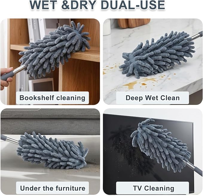 2 Pack Microfiber Duster for Cleaning, Washable Dusters, Extendable Pole, Up to 30 Inch Reachable, Wet and Dry Use Cleaning Tools for Car, Ceiling Fan, Window, Furniture, Office