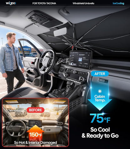 Wigoo Windshield Sun Shade Umbrella for Toyota Tacoma 2016-2026 [100% Sun Blockage, Ice Cooling Fabric] Foldable Heat Insulation Front Window Sunshade Umbrella for Toyota Tacoma 2016-2026
