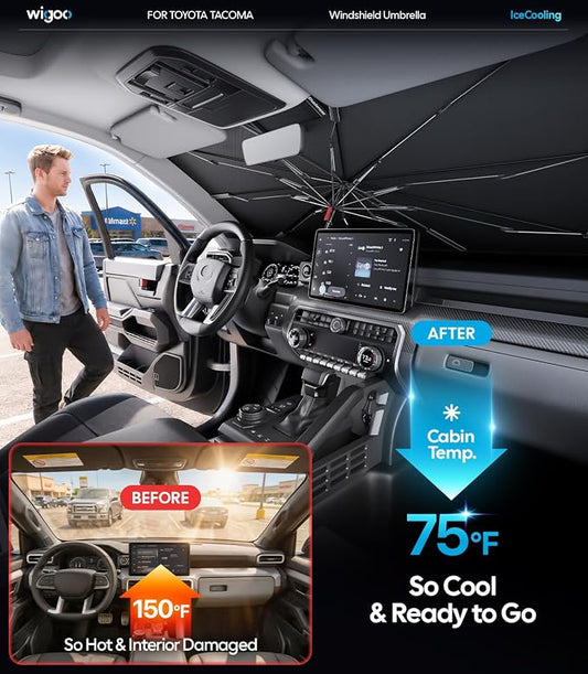 Wigoo Windshield Sun Shade Umbrella for Toyota Tacoma 2016-2026 [100% Sun Blockage, Ice Cooling Fabric] Foldable Heat Insulation Front Window Sunshade Umbrella for Toyota Tacoma 2016-2026