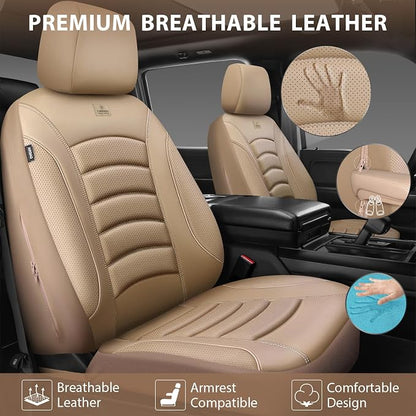 CAR PASS 3D Foam PU Leather Car Seat Covers, Universal Seat Covers Front 2 for Trucks SUV Sedan Automotive Seat Covers Armrest Airbag Compatible Waterproof Comfortable Faux Nappa Leather All Beige
