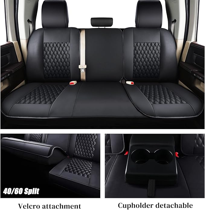 Coverado Car Seat Covers Fullset, Waterproof Leather Car Seat Covers for Dodge RAM 1500 Compatible with 2010-2023 2500 3500 Dodge RAM Accessories, Curved Front&Flat Rear/Black