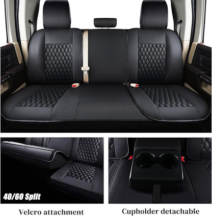 Coverado Car Seat Covers Fullset, Waterproof Leather Car Seat Covers for Dodge RAM 1500 Compatible with 2010-2023 2500 3500 Dodge RAM Accessories, Curved Front&Flat Rear/Black