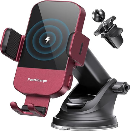 Wireless Car Charger, 15W Fast Charging Auto Clamping Car Charger Phone Mount Phone Holder fit for iPhone 15 14 13 12 11 Pro Max Xs, Samsung Galaxy S24 Ultra S23 S22 S21, S20, S10+, Red