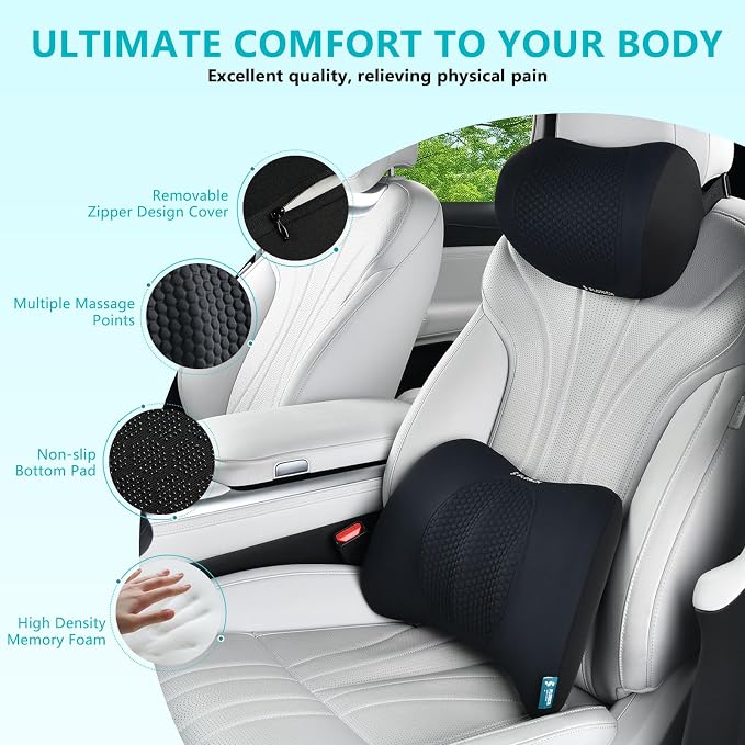 FLORICH Lumbar Support with Car headrest Back Pillow for Chair Headrest Pillow with Gel Memory Foam Massage Point Memory Foam Back Pillow for Office Chair(Light Black)