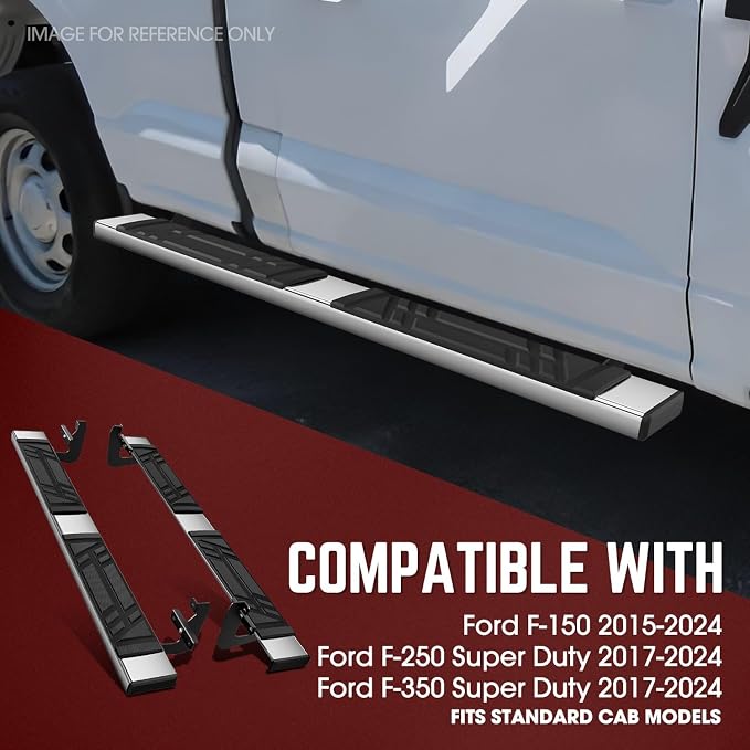 DNA Motoring 6.5 Inches Running Boards Compatible with 2015-2024 Ford F150 2017-2024 F250 SD F350 SD, Standard Cab, Stainless Steel Side Steps Nerf Rails Bars, STEPB-U-F15015-T1-S