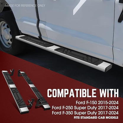DNA Motoring 6.5 Inches Running Boards Compatible with 2015-2024 Ford F150 2017-2024 F250 SD F350 SD, Standard Cab, Stainless Steel Side Steps Nerf Rails Bars, STEPB-U-F15015-T1-S