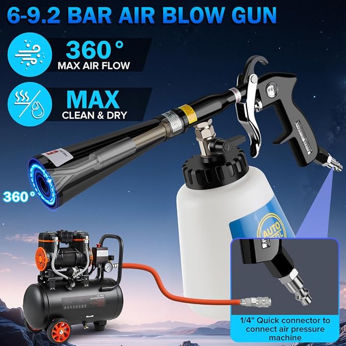 Car Cleaning Gun,High-Pressure Air Blow Gun,Air Cleaning Gun,Air Blow Gun with 2 Set Nozzles &1L Liquid Bottle,Works with Air Compressor,Pro Auto Detailing Tool for Deep Cleaning Interiors & Exteriors