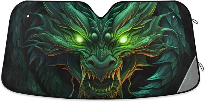 Windshield Sun Shade Green Dragon Front Window Block UV Shades Visor Reflective Retractable for Car SUV Trucks