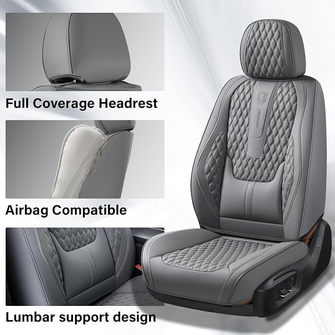 Coverado Front Seat Covers, Car Seat Cover, Leather Seat Covers for Car, Automotive Seat Covers Protector with Lumbar Support Universal Fit for Most Sedans SUV Pick-up Truck(Gray)
