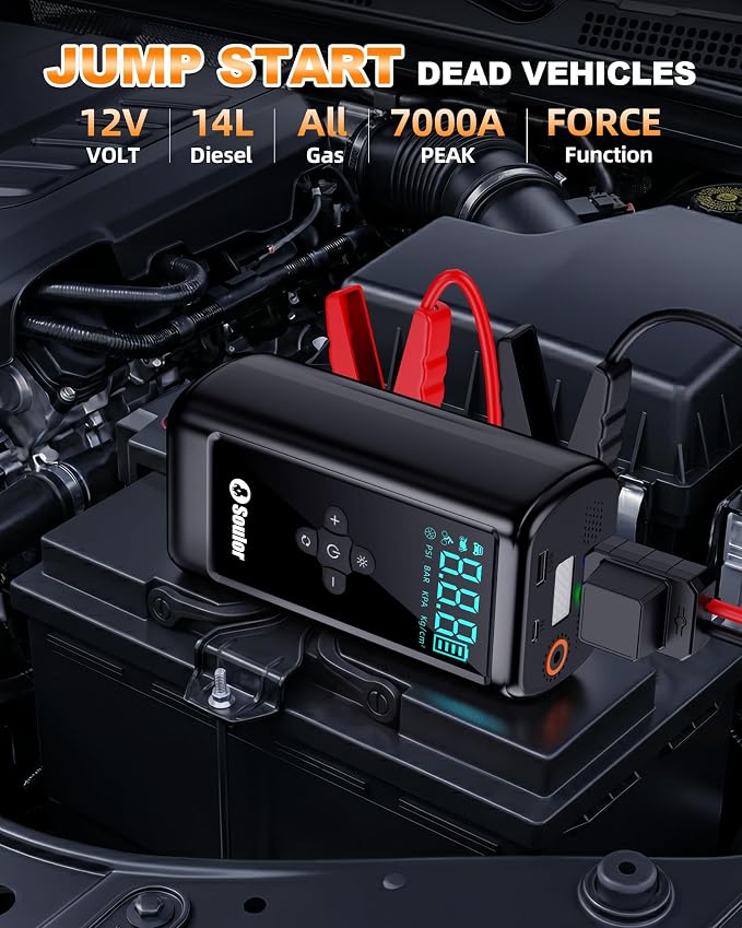 Jump Starter with Air Compressor car Jumper Starter Portable | 7000A Car Battery Jump Starter with 160PSI Portable Tire Inflator, LED Light, Case (All Gas/14L Diesel)