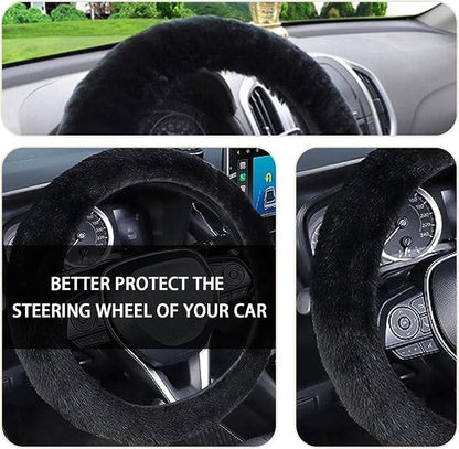 Ziciner Fuzzy Steering Wheel Cover, 15 inch Soft Wool Fur Steering Wheel Protector, Fluffy Wheel Covers for Winter Warm, Car Interior Decoration Accessories for Women Men (Black)