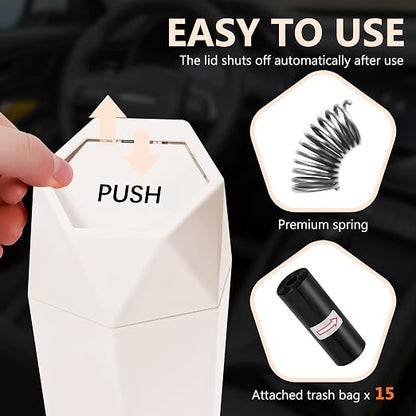 Car Trash Can with Lid - 1-Pack, Interior Accessories for Vehicles, Leakproof Garbage Can with 30 Detachable Trash Bags, Multipurpose Organizers and Storage Solutions for Home and Office (Beige)