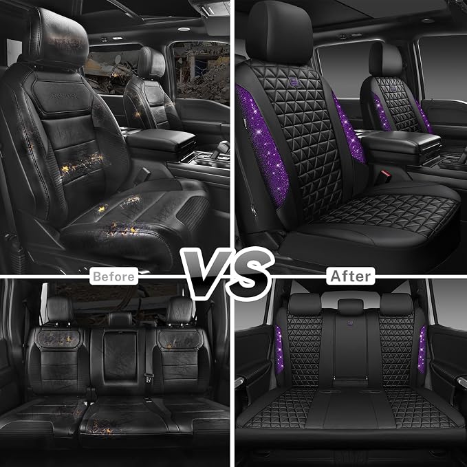 CAR PASS Bling Diamond Leather Car Seat Covers Full Seats Interior Sets, Waterproof Shining Glitter Sparkly Crystal Universal Armrest Fit Automotive Truck SUV Cute Women Girl, Black Purple Rhinestone