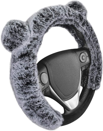 BDK Bear Fur Plush Steering Wheel Cover - Cute Faux Wool Protector for Women Girls Fits Wheels 14.5-15 inch Gray - with Ears