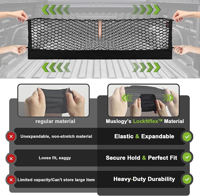 Muslogy Truck Bed Cargo Net Trunk Netting Compatible with 2015+ Ford F150 & 2017+ F250/F350/F450 (Snap-in Tie Down) Accessories, Pickup Cargo Organizer SUV Sedan Storage Net w/Heavy Duty Carabiners
