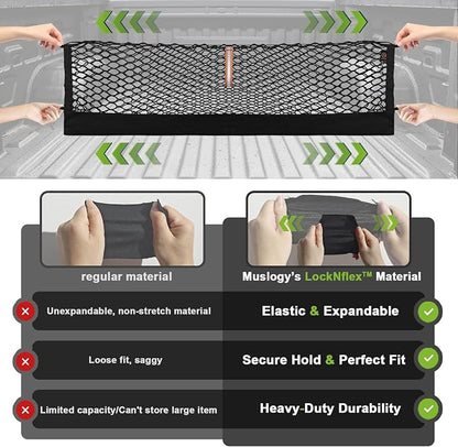 Muslogy Truck Bed Cargo Net Trunk Netting Compatible with 2015+ Ford F150 & 2017+ F250/F350/F450 (Snap-in Tie Down) Accessories, Pickup Cargo Organizer SUV Sedan Storage Net w/Heavy Duty Carabiners