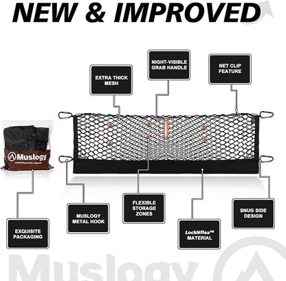 Muslogy Truck Bed Cargo Net Trunk Netting Compatible with 2015+ Ford F150 & 2017+ F250/F350/F450 (Snap-in Tie Down) Accessories, Pickup Cargo Organizer SUV Sedan Storage Net w/Heavy Duty Carabiners