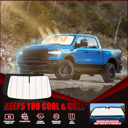 Windshield Sun Shade for Dodge RAM 1500 2019-2025 2026, Front Window Visor Accessories, Folding Design Blocks Heat & UV Rays Maintain Cool Interior and Save Space