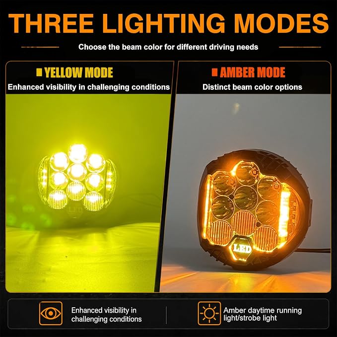 LIGBT 2PCS 7 Inch Yellow Round Side Shooter Offroad Fog Lights Amber DRL 90W 3 Modes 270° Wide Range Super Bright LED Pods Light Kit for Pickup Truck ATV UTV SUV with Wiring Harness