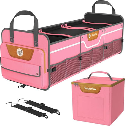 SugarFox Car Trunk Organizer for SUV, Heavy Duty Waterproof Trunk Organizer, Foldable Collapsible Car Organizer with Cooler, Multi-Compartment Large Trunk Organizer (95L), Pink-M003