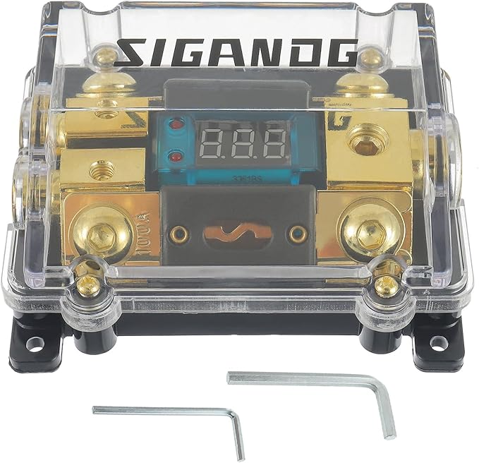 Car Audio Digital LED Voltage Display, ANL Fuse Holder Distribution Block 1 in 2 Out, with 2 Fuses and 2 Hexagon Wrench, Suitable for Car and Yacht Audio