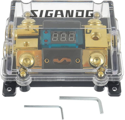 Car Audio Digital LED Voltage Display, ANL Fuse Holder Distribution Block 1 in 2 Out, with 2 Fuses and 2 Hexagon Wrench, Suitable for Car and Yacht Audio