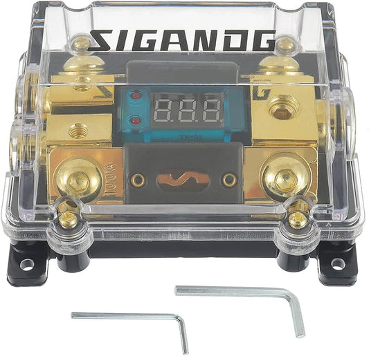 Car Audio Digital LED Voltage Display, ANL Fuse Holder Distribution Block 1 in 2 Out, with 2 Fuses and 2 Hexagon Wrench, Suitable for Car and Yacht Audio