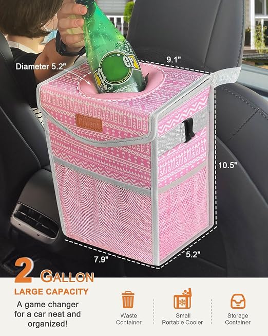 Pritent Car Trash Can with Lid, Cute Leakproof Car Trash Garbage Bag Hanging Vehicle Trash Bin Small Portable Automotive Garbage Cans Organizer for Back/Front Seat/Console(Trapezoid,Pink Print)