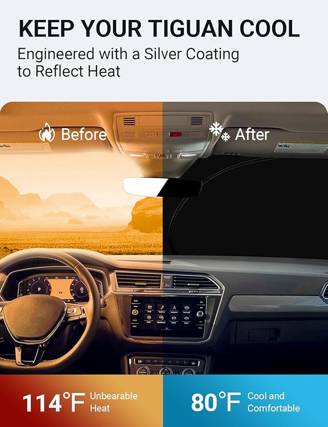 Proadsy 2026 Upgrade Front Windshield Sun Shade Foldable Sunshade Protector Custom Fit 2018-2024 VW Tiguan Crossover SUV Base Premium Limited Touring Accessories