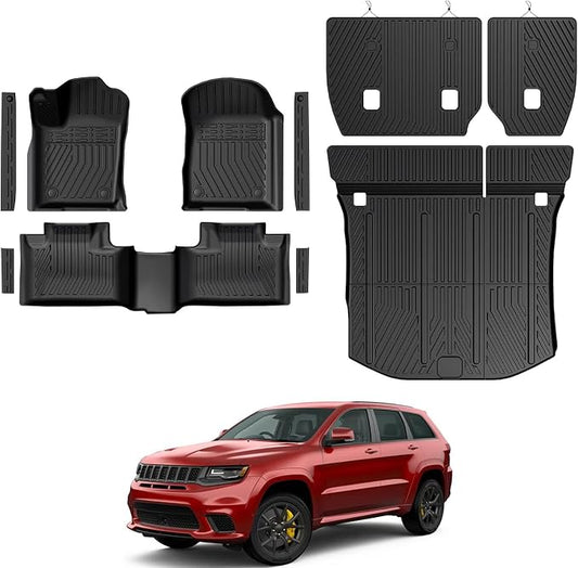 Floor Mats for Jeep Grand Cherokee 2011-2021 & 2022 (Not for WL), All Weather Floor Mats Trunk Cargo Liner with Backrest Protectors and Door Sill Guards Accessories, Full Coverage Set