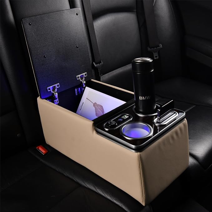 Coverado Car Center Console, Universal Rear Bench Seat Consoles, Back Seat Car Organizer, Seat Organizer with Cup Holder+Phone Holder, Central Armrest Box Back Seat Storage Box (Upgraded, Beige)