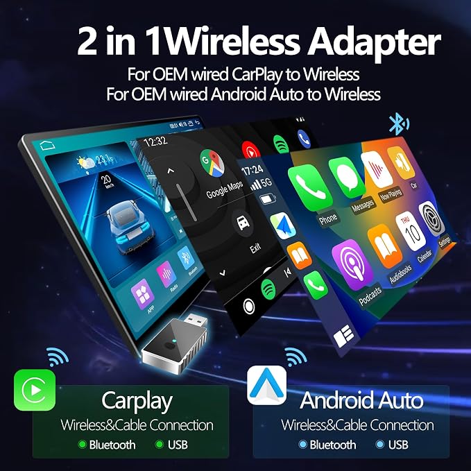 Wireless Carplay Adapter, 2 in 1 Android Auto Adapter 2025 AI Box Carplay, Plug and Play Mini CarPlay Android Auto for Cars, Convert Wired to Wireless Supports Car Original Control
