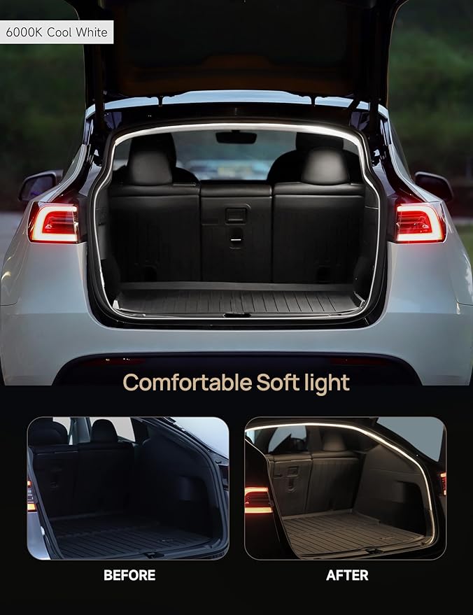 TPARTS Trunk LED Light Strip for Tesla Model Y (Including New Model Y Juniper 2025-2026), Silicone Waterproof Intelligent Dual-Color Switchable Interior Lighting Warm & Cool White (3000K&6000K)