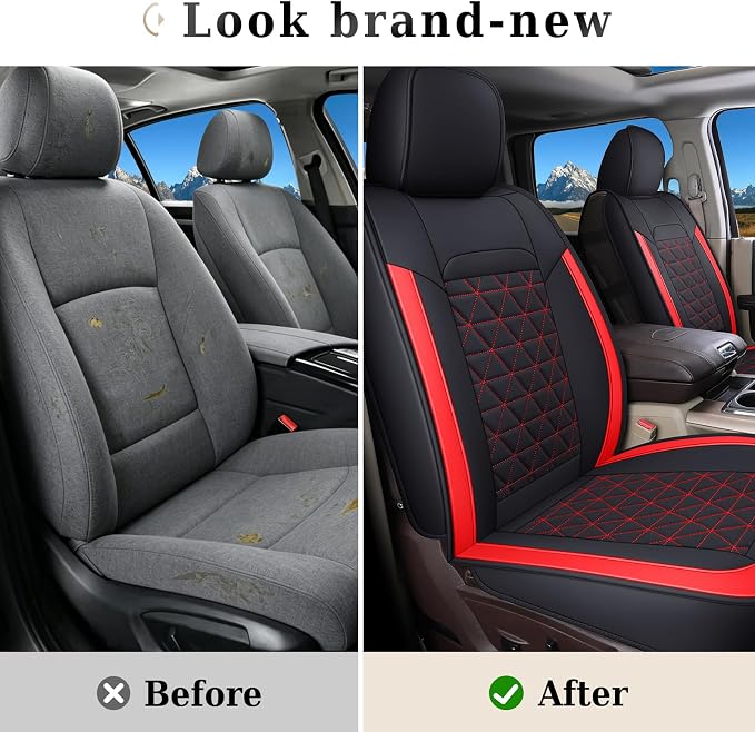 Coverado Seat Covers Full Set, Waterproof RAM 1500 Seat Cover Compatible with 2002-2026 Dodge RAM 1500 2500 3500 Truck Pickup Crew Double Mega Quad Cab with Flat Bench, Red
