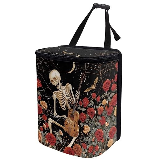 Skull Vintage Roses Pattern Car Trash Can with Lid and Zipper Portable Foldable Trash Bin for Car Interior Accessories Multipurpose Garbage Can Bags Storage Organizer Halloween Decor