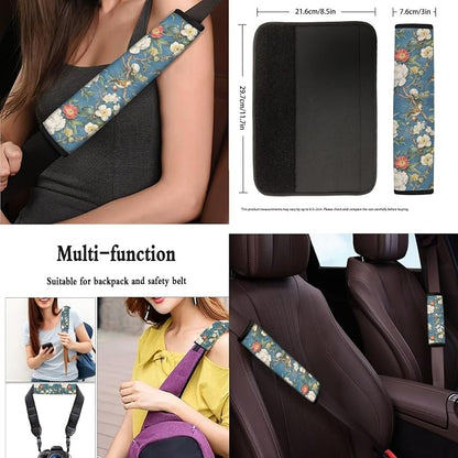 Floral Car Seat Cover Full Set of 13, Vintage Flowers Bird Vehicle Headrest Cover Cup Holder Coaster, Chinoiserie Automotive Interior Covers for Sedans Trucks