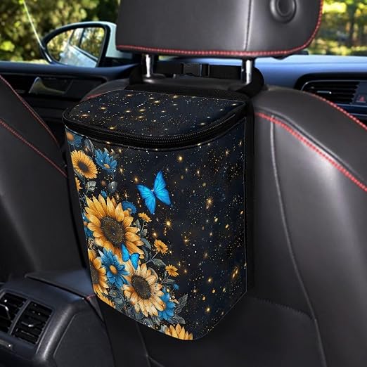 BIGCARJOB Blue Butterfly Car Trash Can Bin for Back Seat, Portable Car Trash Bag Hanging, Vehicle Garbage Can with Sunflower Print