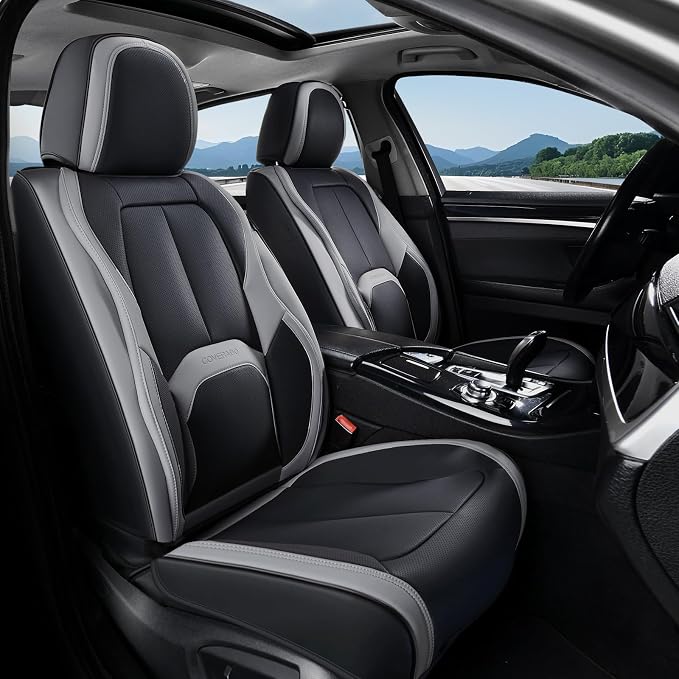 Coverado Seat Covers, Premium Nappa Leather Car Seat Covers Front Seats, Waterproof Car Seat Protector with Lumbar Support, Front Driver Seat Covers Universal Fit for Most Cars (Black&Gray)