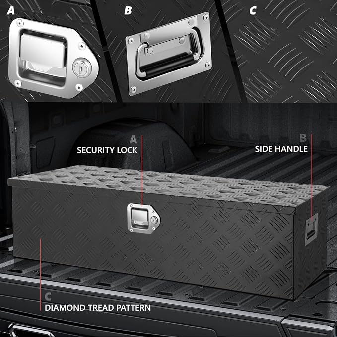 DNA MOTORING Aluminum Lockable Storage Box, Trailer Tongue & Truck Bed Tool Box w/Keys & Side Handle, Black Organizer w/Diamond Tread Pattern, 39"L x 13.3"W x 10"H, TBOX-T5-004-BK