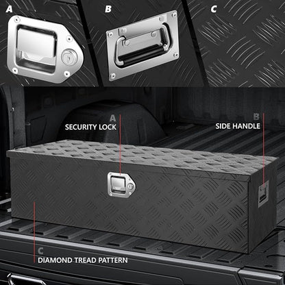 DNA MOTORING Aluminum Lockable Storage Box, Trailer Tongue & Truck Bed Tool Box w/Keys & Side Handle, Black Organizer w/Diamond Tread Pattern, 39"L x 13.3"W x 10"H, TBOX-T5-004-BK