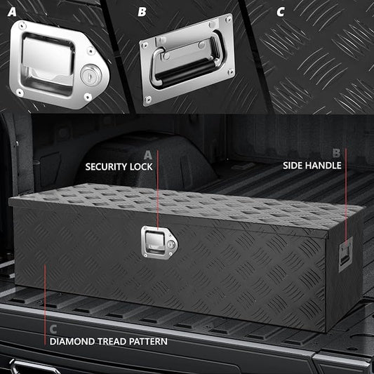 DNA MOTORING Aluminum Lockable Storage Box, Trailer Tongue & Truck Bed Tool Box w/Keys & Side Handle, Black Organizer w/Diamond Tread Pattern, 39"L x 13.3"W x 10"H, TBOX-T5-004-BK