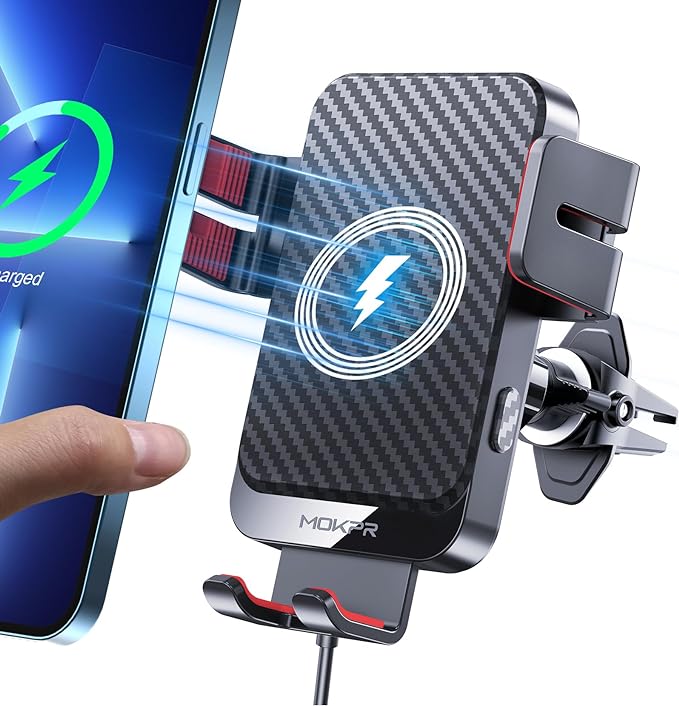 Wireless Car Charger, MOKPR 15W Fast Charging Auto-Clamping Phone Mount Air Vent Cell Phone Holder Compatible with iPhone 16 15/14/13/13 Pro/12 pro/12, for Samsung Galaxy S23/S22/S21/S20, Red